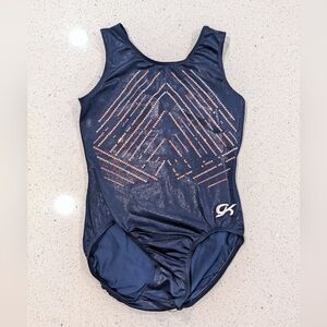 COMPETITION GK Elite Medium Gymnastics Dance Leotard CHRISTMAS BLUE GOLD MEDALS